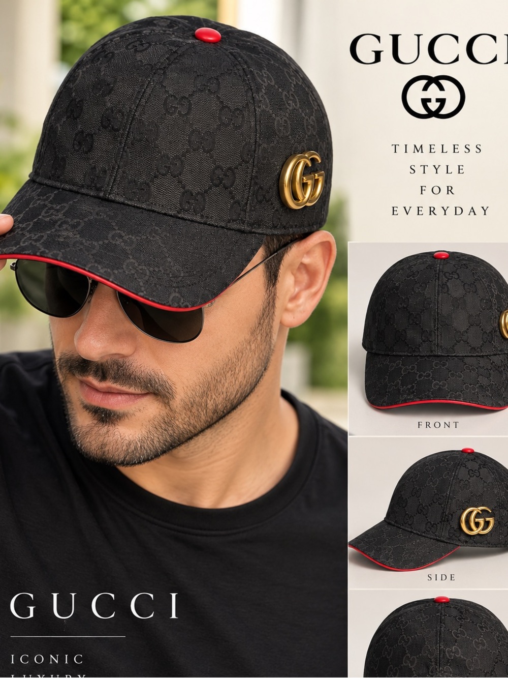 Gucci Black Baseball Cap with Red Trim and Gold GG